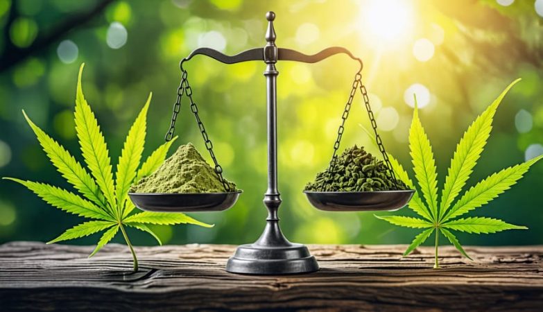 Illustration of a scale balancing kratom leaves and cannabis leaves, symbolizing their respective benefits of energy, pain management, relaxation, and anxiety relief, set against a lush, natural background.