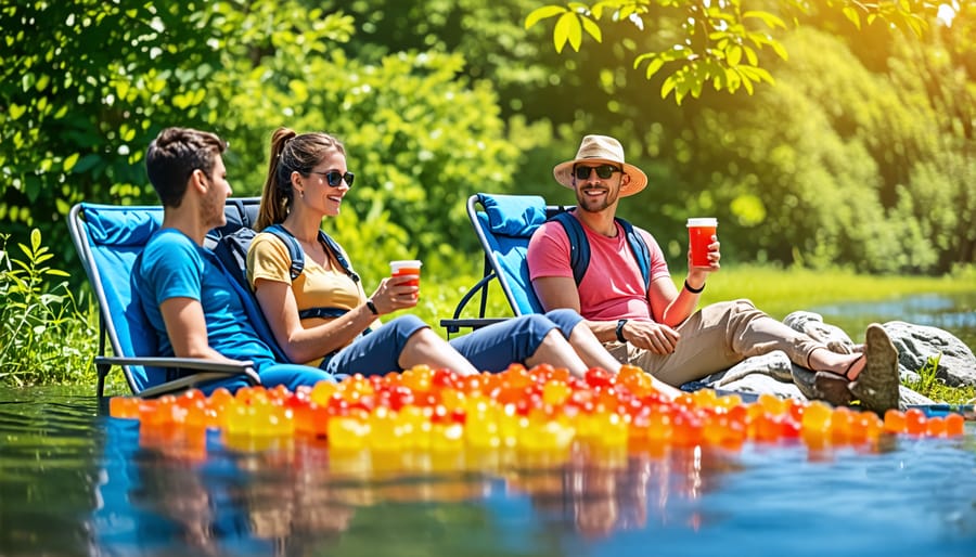 People enjoying outdoor activities like hiking and camping with THCA gummies in a natural setting