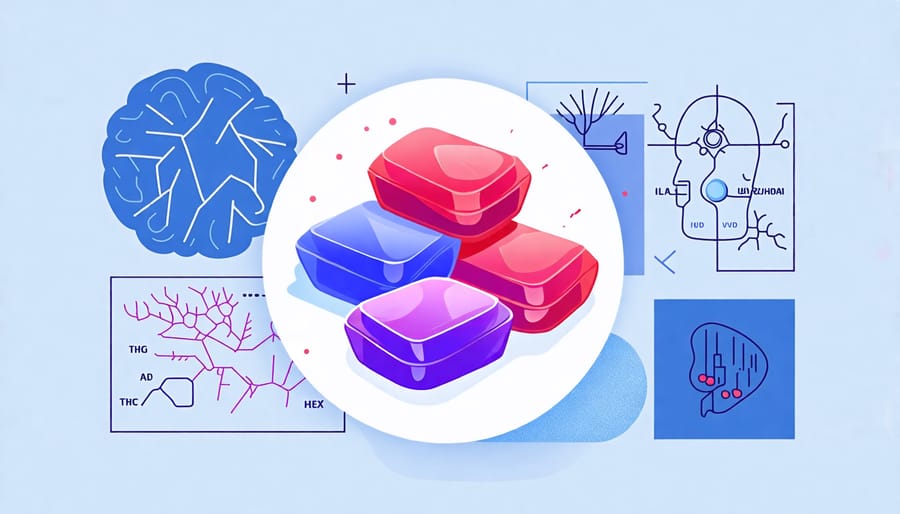 THCA gummies placed in front of medical diagrams showing inflammatory and neurological pathways