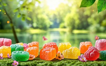 A calming display of THCA gummies resting on a natural backdrop, signifying the harmonious blend of cannabis benefits and tranquil outdoor relaxation. Illustrations of the brain and joints subtly integrated, depicting health and wellness themes.