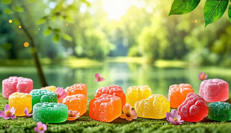 A calming display of THCA gummies resting on a natural backdrop, signifying the harmonious blend of cannabis benefits and tranquil outdoor relaxation. Illustrations of the brain and joints subtly integrated, depicting health and wellness themes.