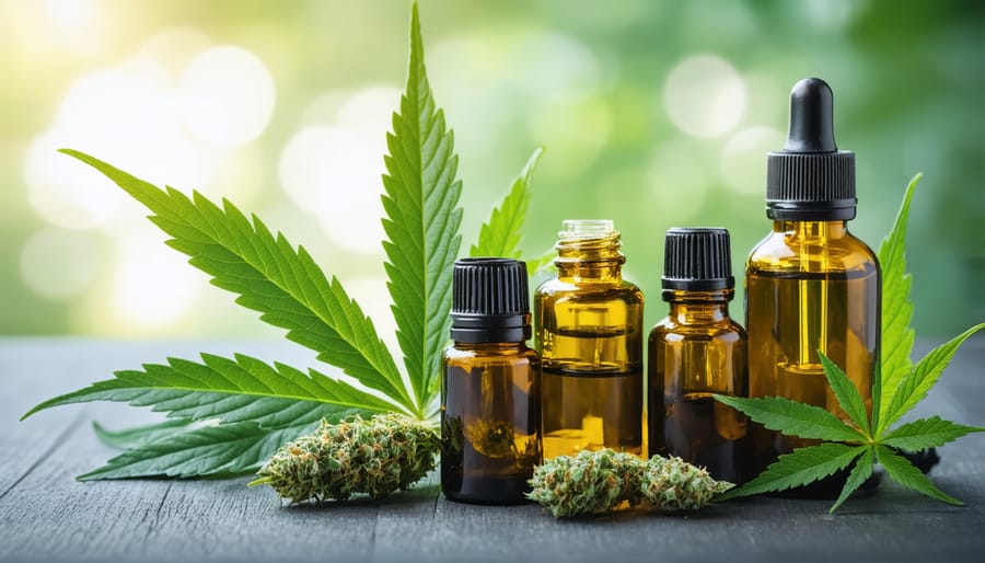 Selection of CBD oil products with cannabis leaf