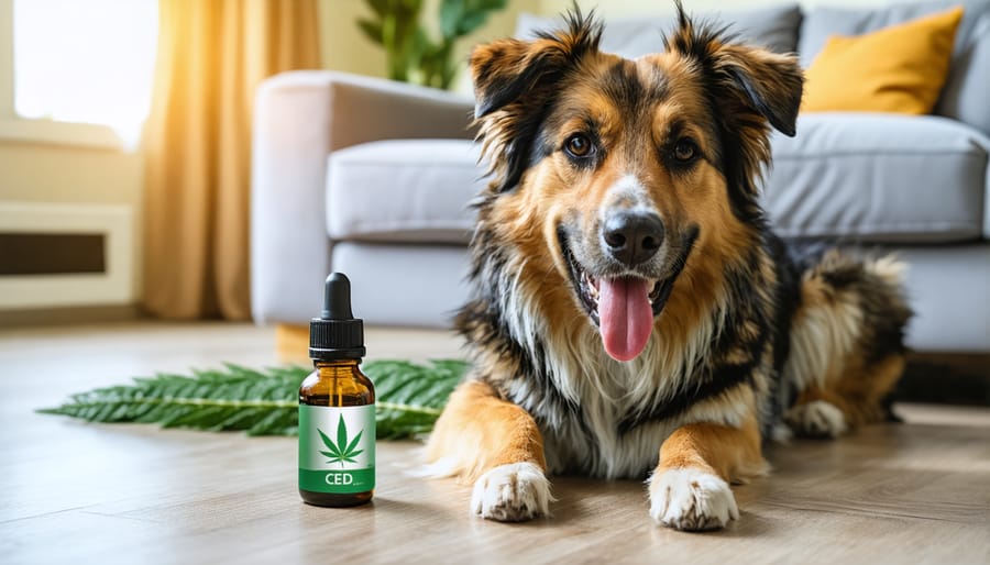 Calm dog next to a CBD oil bottle