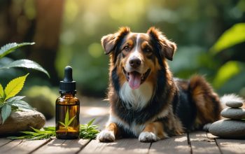 A content dog peacefully resting next to a CBD oil bottle, showcasing the potential health benefits of CBD for pets.