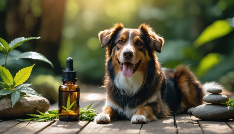 A content dog peacefully resting next to a CBD oil bottle, showcasing the potential health benefits of CBD for pets.