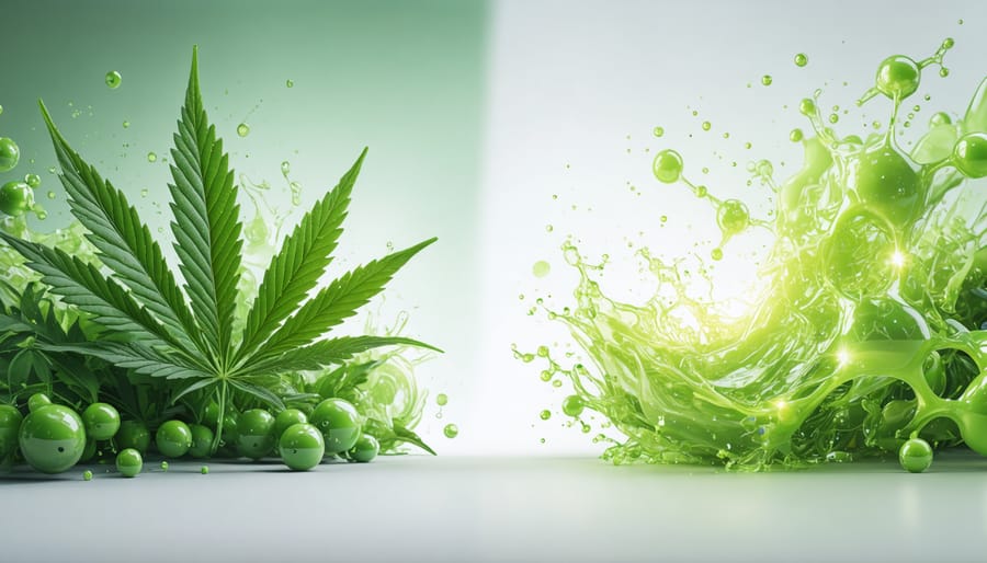 Conceptual depiction of cannabis leaves intertwined with caffeine molecules, symbolizing the interaction between cannabis and energy drinks.