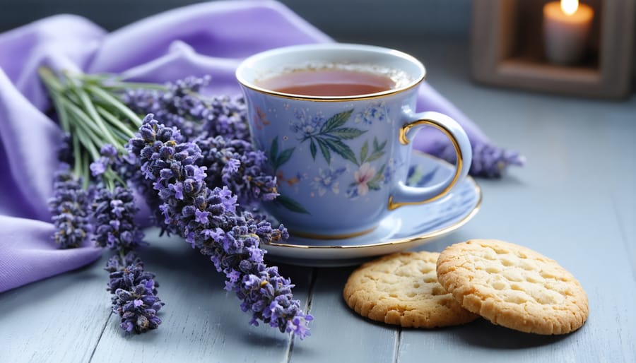 Relaxing bedtime setup with cannabis-infused tea and cookies