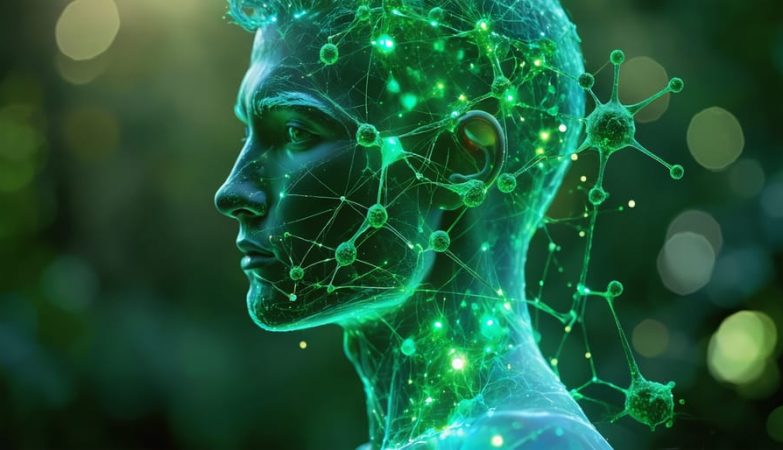 Conceptual image depicting a person embraced by colorful neural pathways and molecular structures, representing CBD oil's interaction with the endocannabinoid system for wellness.