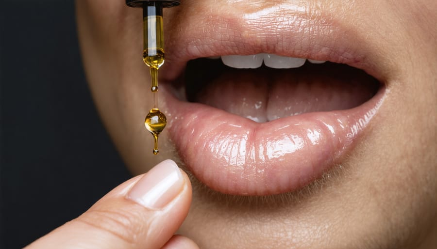 Person using CBD oil tincture sublingually with dropper