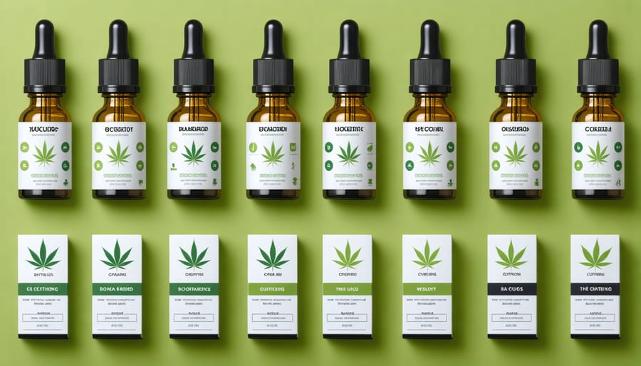 Various CBD product labels highlighting important quality and testing information