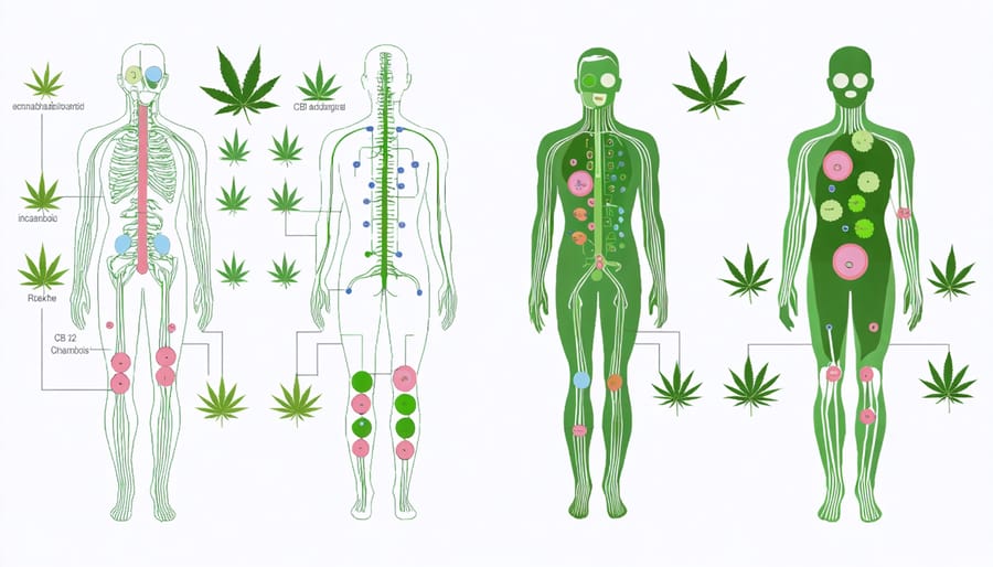 Diagram of the human endocannabinoid system highlighting receptor locations and neural pathways