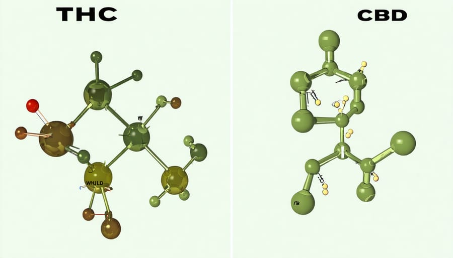 Molecular structure comparison of THC and CBD cannabinoids